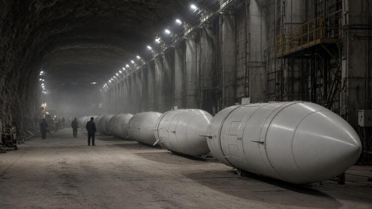 Grandes contenedores cilíndricos alineados dentro de un depósito subterráneo iluminado.