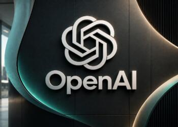 Logotipo de OpenAI en relieve dentro de una composición tecnológica.
