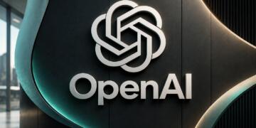Logotipo de OpenAI en relieve dentro de una composición tecnológica.