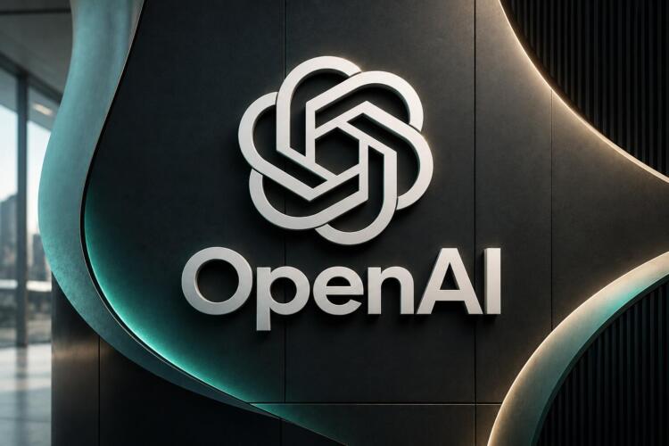 Logotipo de OpenAI en relieve dentro de una composición tecnológica.