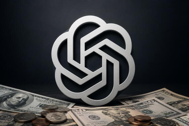 Logotipo de OpenAI acompañado por dinero en una composición editorial.