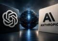 Logotipos de OpenAI y Anthropic junto a un núcleo tecnológico.
