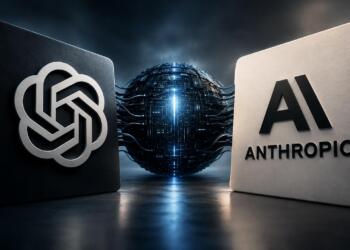 Logotipos de OpenAI y Anthropic junto a un núcleo tecnológico.