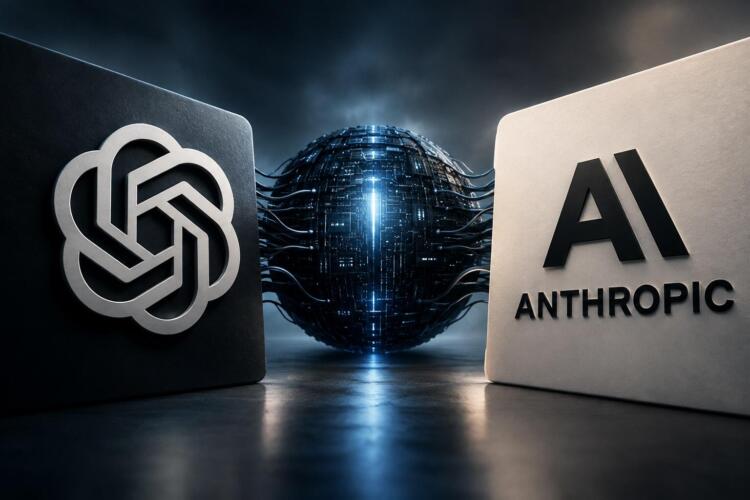 Logotipos de OpenAI y Anthropic junto a un núcleo tecnológico.