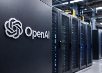 Logo de OpenAI frente a servidores de un centro de datos de IA modernos.