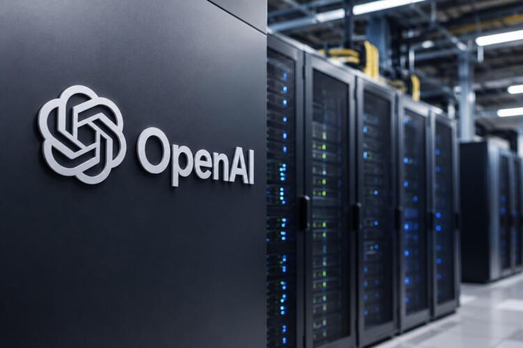 Logo de OpenAI frente a servidores de un centro de datos de IA modernos.