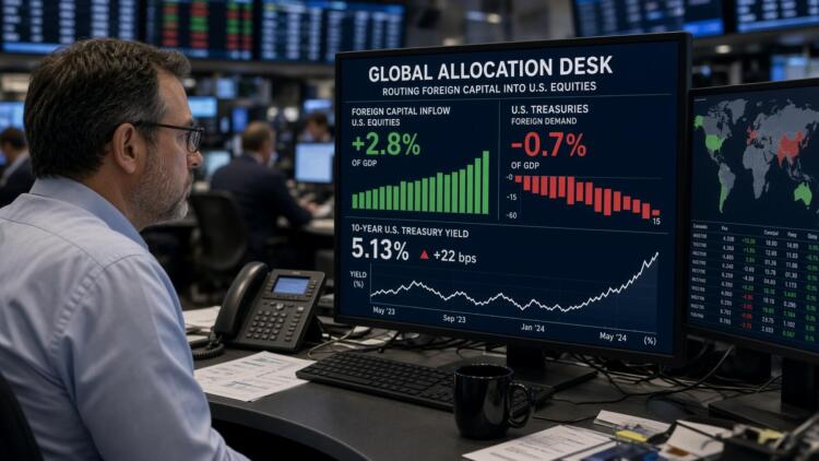 Operador financiero observa pantallas con gráficos de flujos de capital extranjero y bonos.