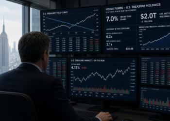 Un operador observa pantallas con datos sobre bonos del Tesoro y apalancamiento de fondos.