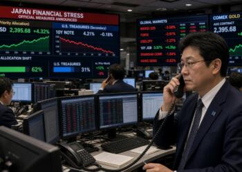 Operador financiero en su escritorio habla por teléfono frente a pantallas de mercado.