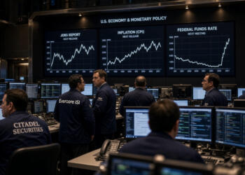 Operadores de Citadel Securities y Evercore observan gráficos económicos en pantallas.