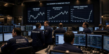 Operadores de Citadel Securities y Evercore observan gráficos económicos en pantallas.