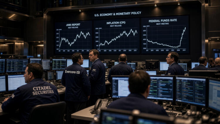 Operadores de Citadel Securities y Evercore observan gráficos económicos en pantallas.