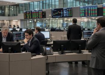 Operadores financieros trabajan en una sala con múltiples pantallas bursátiles y gráficos.