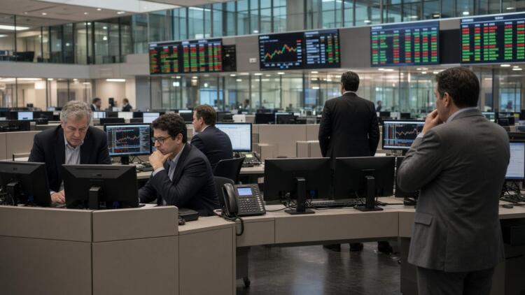 Operadores financieros trabajan en una sala con múltiples pantallas bursátiles y gráficos.