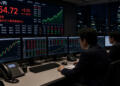 Operadores financieros observan gráficos de divisas con tipo de cambio USD/JPY en alta.