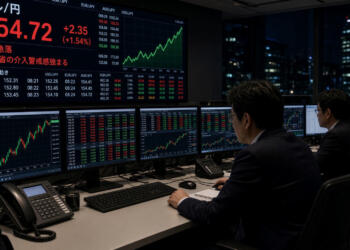 Operadores financieros observan gráficos de divisas con tipo de cambio USD/JPY en alta.