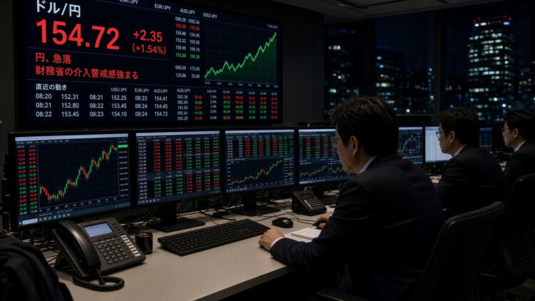 Operadores financieros observan gráficos de divisas con tipo de cambio USD/JPY en alta.