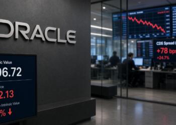 Pantallas con el valor intrínseco y el precio actual de las acciones de Oracle en oficina.