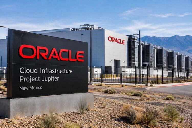 Centro de datos de Oracle en Nuevo México con montañas al fondo.