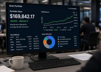 Pantalla de computadora que muestra el valor, rendimiento y asignación de Grok Portfolio.