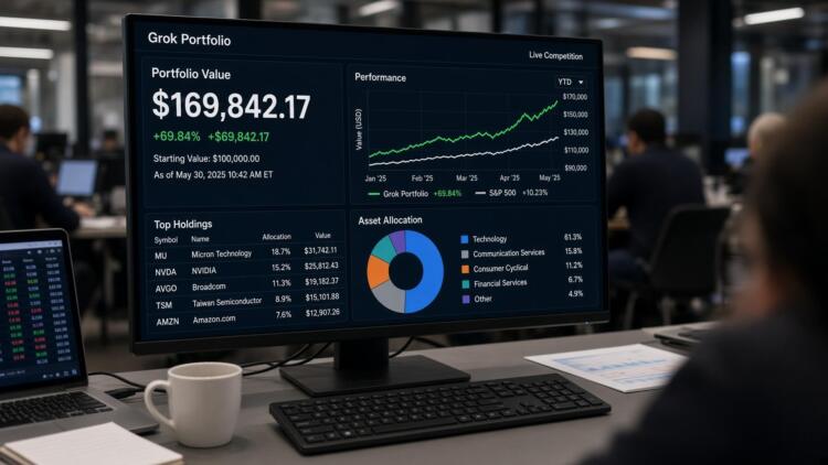 Pantalla de computadora que muestra el valor, rendimiento y asignación de Grok Portfolio.
