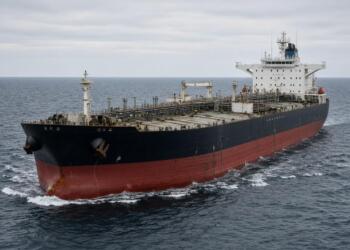 Gran petrolero de transporte navegando en mar abierto con casco negro y rojo