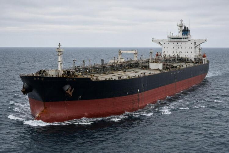 Gran petrolero de transporte navegando en mar abierto con casco negro y rojo