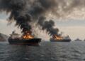 Dos barcos petroleros arden en el mar con densas columnas de humo cerca de la costa.