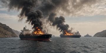 Dos barcos petroleros arden en el mar con densas columnas de humo cerca de la costa.