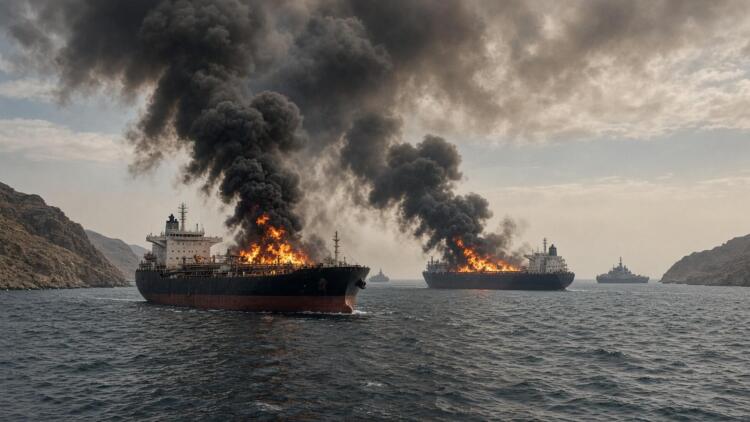 Dos barcos petroleros arden en el mar con densas columnas de humo cerca de la costa.