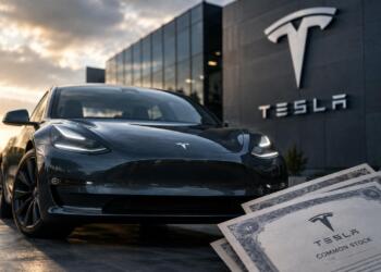 Automóvil Tesla frente a la fábrica con certificados de acciones.