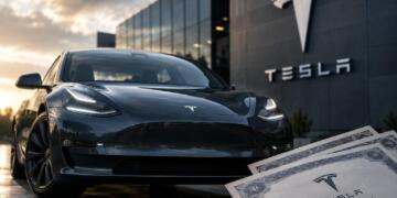 Automóvil Tesla frente a la fábrica con certificados de acciones.