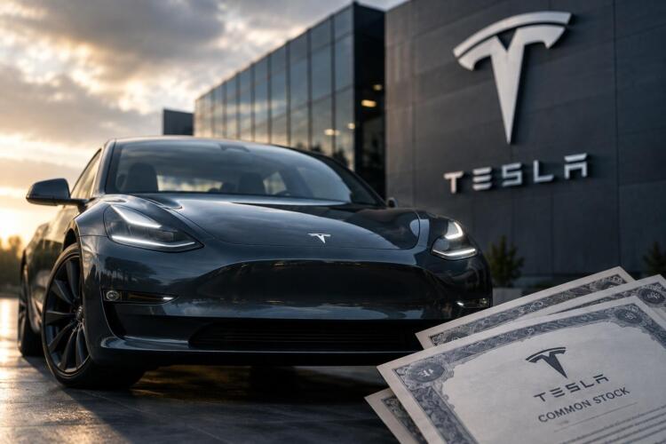 Automóvil Tesla frente a la fábrica con certificados de acciones.