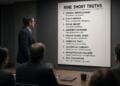Presentador frente a un panel con una lista titulada "Nine Short Truths" en una oficina.