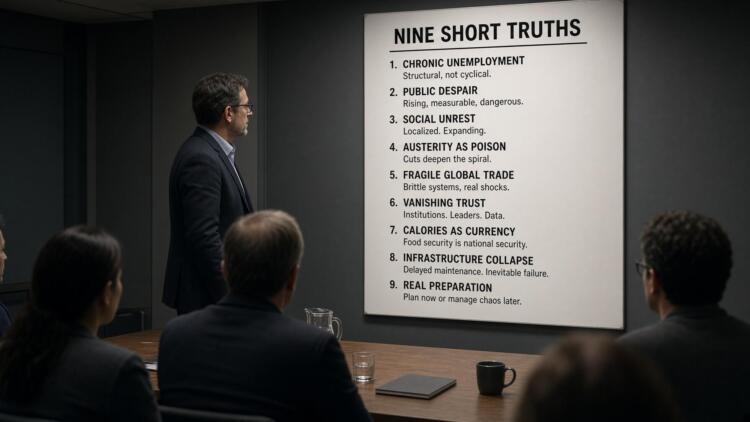 Presentador frente a un panel con una lista titulada "Nine Short Truths" en una oficina.