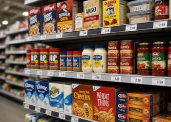 Estanterías de supermercado con productos y etiquetas de precios visibles