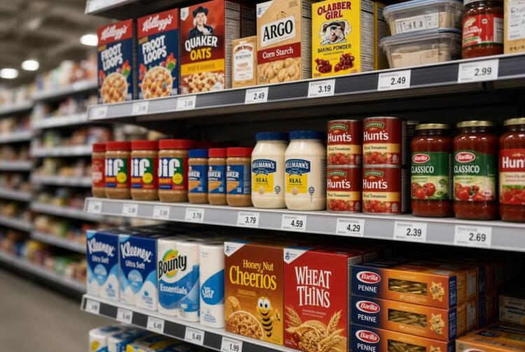 Estanterías de supermercado con productos y etiquetas de precios visibles