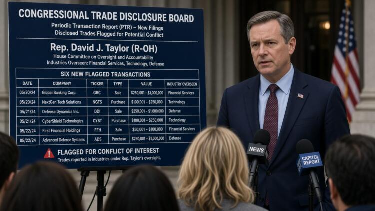 Rep. David J. Taylor ante medios frente a un panel de transacciones financieras.