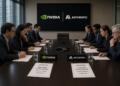 Ejecutivos de Nvidia y Anthropic reunidos en torno a una mesa con documentos confidenciales.