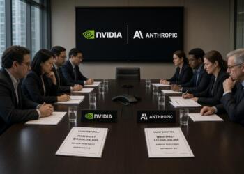 Ejecutivos de Nvidia y Anthropic reunidos en torno a una mesa con documentos confidenciales.