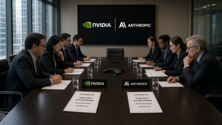 Ejecutivos de Nvidia y Anthropic reunidos en torno a una mesa con documentos confidenciales.