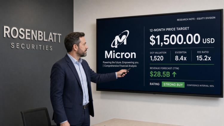 Un analista de Rosenblatt señala una pantalla con datos financieros y objetivos de Micron.