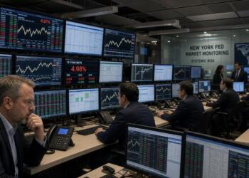 Operadores financieros analizan gráficos bursátiles en la sala de monitoreo de la Fed.