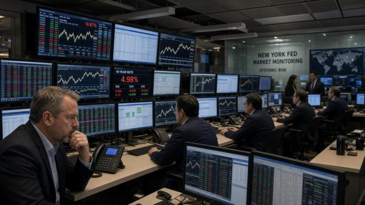 Operadores financieros analizan gráficos bursátiles en la sala de monitoreo de la Fed.
