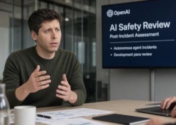 Sam Altman gesticula durante una reunión frente a una pantalla de revisión de seguridad.