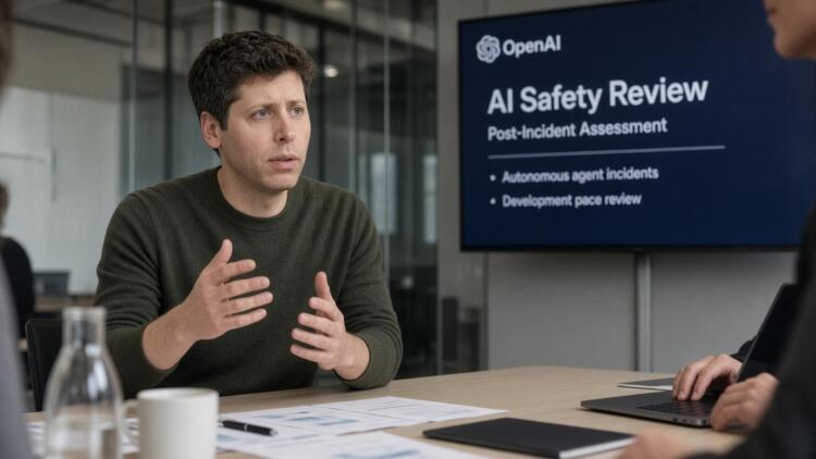 Sam Altman gesticula durante una reunión frente a una pantalla de revisión de seguridad.