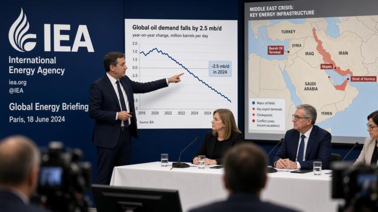 Presentador de la AIE señala un gráfico de caída de demanda de petróleo frente a un mapa.