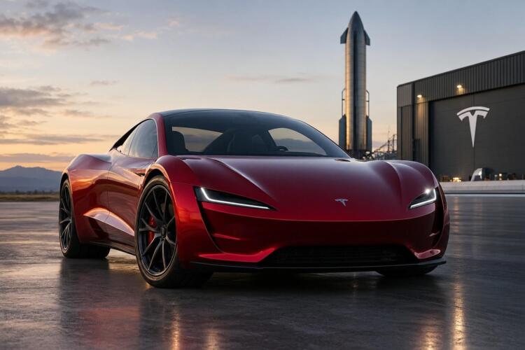 Tesla Roadster rojo frente a un hangar de SpaceX y un cohete.
