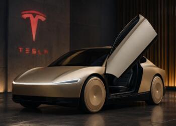 Cybercab de Tesla con puerta abierta frente al logo de la marca.