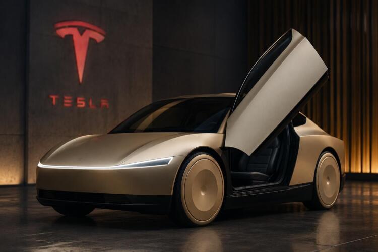 Cybercab de Tesla con puerta abierta frente al logo de la marca.